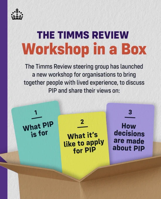 Poster stating The Timms Review Workshop in a box three different colour pop out of a brown carboard box one says what is pip for 2nd what is it like to apply for pip 3rd how decision are made about pip