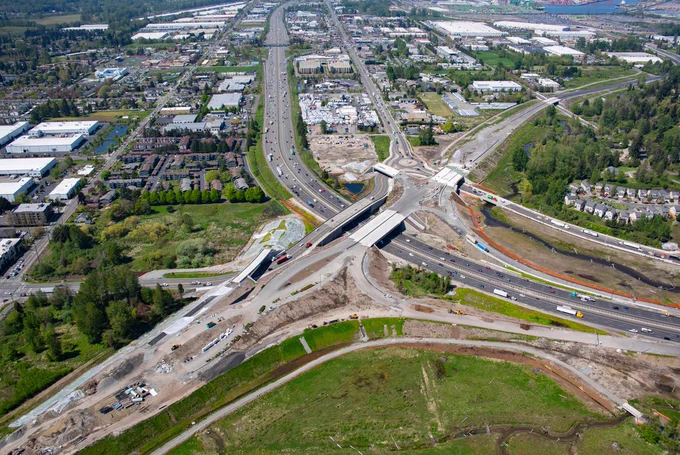 Aerial view of the new diverging diamond interchange at I-5 in Fife. 