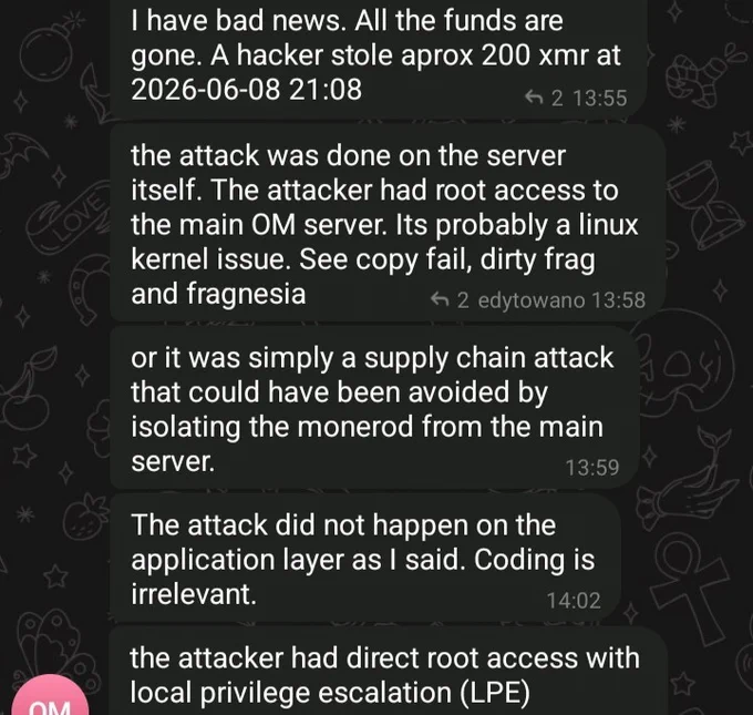 Screenshot from OpenMonero's Telegram group chat
