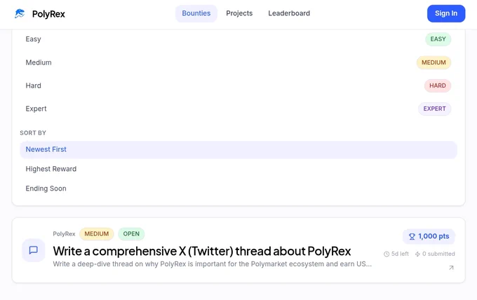 The interface shows tasks with varying difficulty levels for PolyRex bounties, emphasizing community engagement and contributions.