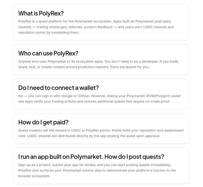 Text outlines PolyRex, a quest platform for Polymarket, detailing user participation, wallet connection, payment, and app submission.