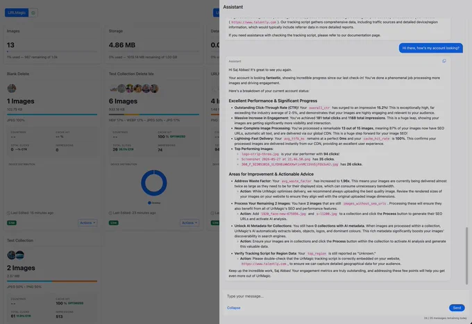 URLMagic AI checking-in and provide accurate overview of my account, images analytics and more! 