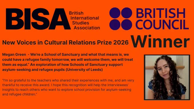 Orange banner announcing Megan Green as winner of the 2026 New Voices in Cultural Relations Prize by BISA and British Council.