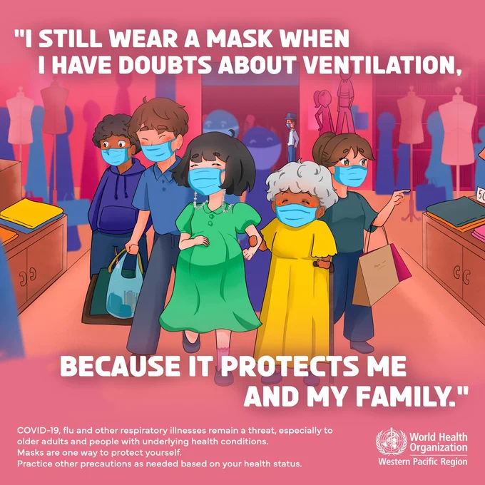 A family, including a young man, an older man, a pregnant woman, an older woman and a young girl walk together in a mall department store. All of them are wearing masks.

Original post: https://x.com/WHOWPRO/status/1777290300119003297
