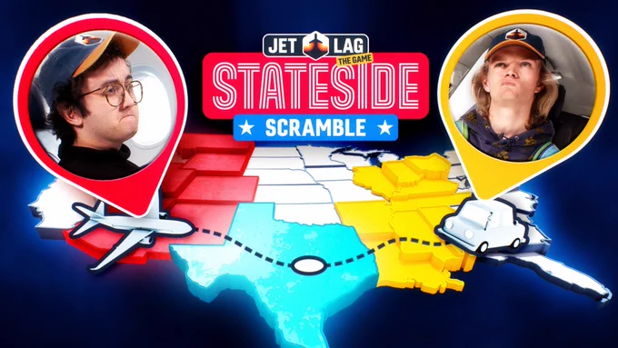 Ben Doyle, left, and Sam Denby, right, in pins stuck into a map of America. The states are lit in red, blue, and yellow. The branding for the season, Stateside Scramble, is in the middle. 