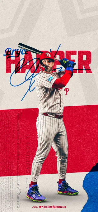 Phone wallpaper featuring Bryce Harper. A cutout of Harper is pictured over an All-Star Game themed background.