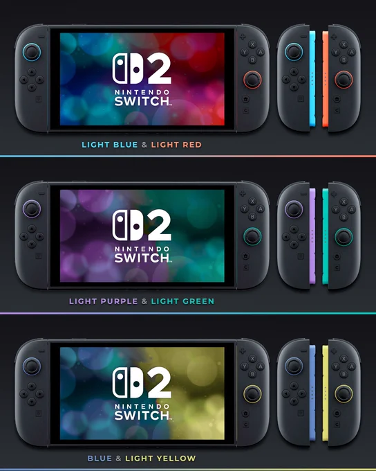 An infographic concept showing three color variants of Nintendo Switch 2's Joy-Con 2 controllers against a dark grey background. Each row displays the console face-on and a detached pair of Joy-Con controllers showing their inner rails. The main body of all controllers is matte black, with distinct color accents on the thumbstick rings and inner rails.

•	Top row ("Light Blue & Light Red"): Features a light blue ring on the left thumbstick and light red ring on the right. The inner rails are bright blue and orange.

•	Middle row ("Light Purple & Light Green"): Features a light purple ring on the left thumbstick and light green ring on the right. The inner rails are pastel purple and teal.

•	Bottom row ("Blue & Light Yellow"): Features a dark blue ring on the left thumbstick and a light yellow ring on the right. The inner rails are slate blue and pale yellow.

Each console screen displays a "2" next to a white Nintendo Switch logo over a blurred bokeh background.