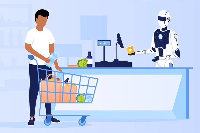 A person stands at a checkout counter with a shopping cart filled with groceries, including milk and vegetables. A robot cashier is processing the purchases, holding a credit card. The display shows a total of 7.50.
