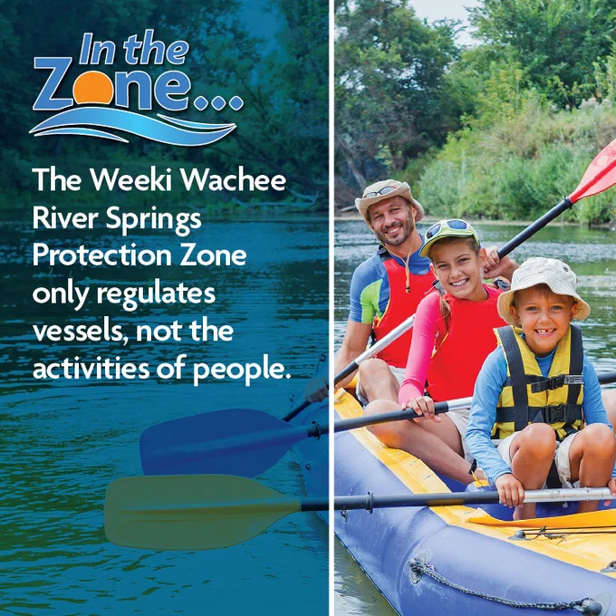 An informational graphic split into two halves by a vertical white line. The left side has a blue-tinted background showing kayak paddles in the water, a logo reading "In the Zone...", and white text that states: "The Weeki Wachee River Springs Protection Zone only regulates vessels, not the activities of people." The right side features a full-color photo of a man, a young girl, and a young boy smiling together in an inflatable kayak on a river. They are holding paddles and wearing life jackets and hats.