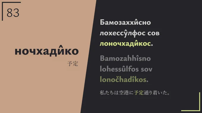 Бамозаххи̂сно лохессу̂лфос сов лоночхади̂кос. → 私たちは空港に予定通り着いた。