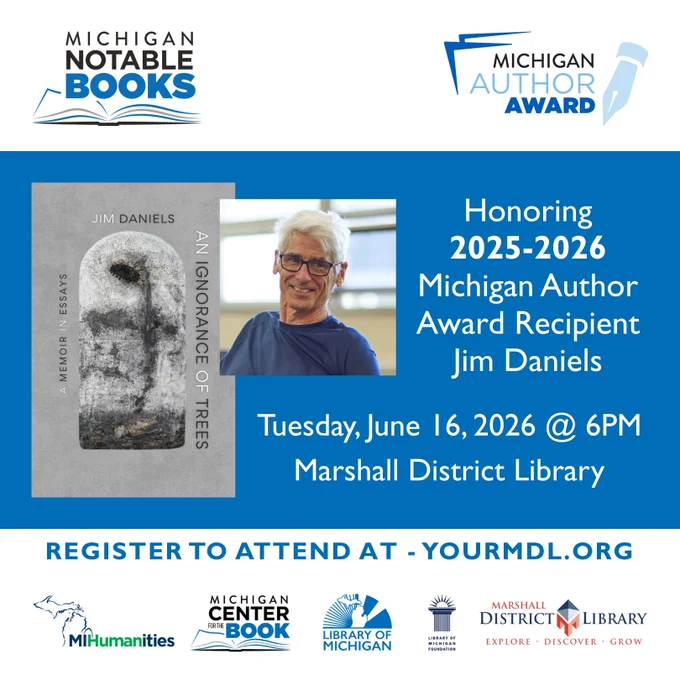 Image of author Jim Daniels, the cover of his book "An Ignorance of Trees" and details about the June 16 event at Marshall District Library.
