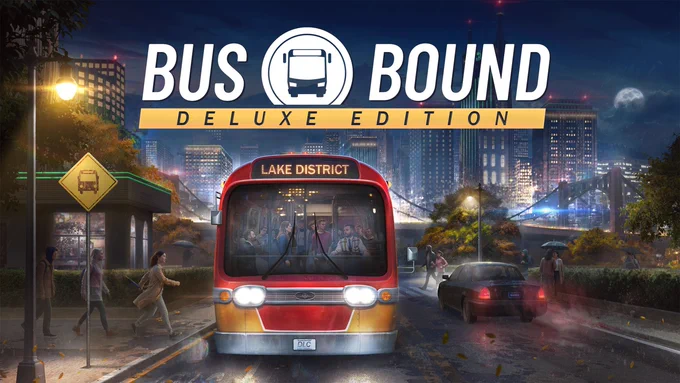 Cover Art des Videospiels Bus Bound Deluxe Edition. Ein beleuchteter rot gelber Linienbus fährt an einem regnerischen Abend durch eine lebhafte Großstadtkulisse mit hohen Wolkenkratzern und vielen Fußgängern auf den Gehwegen.