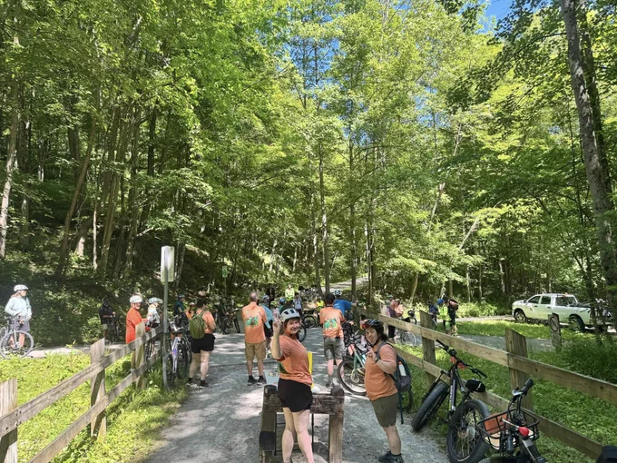 Group of cyclists gathered on a shaded forest trail, preparing for a ride on a sunny day.