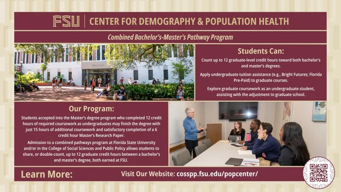 Infographic flyer for the Combined Bachelor’s-Master’s Pathway Program at Florida State University's College of Social Sciences and Public Policy. 

The flyer text reads: Combined Bachelor’s-Master’s Pathway Program 

Students Can: 

Count up to 12 graduate-level credit hours toward both bachelor’s and master’s degrees. 

Apply undergraduate tuition assistance (e.g., Bright Futures; Florida Pre-Paid) to graduate courses. 

Explore graduate coursework as an undergraduate student, assisting with the adjustment to graduate school. 

Our Program: Students accepted into the Master’s degree program who completed 12 credit hours of required coursework as undergraduates may finish the degree with just 15 hours of additional coursework and satisfactory completion of a 6 credit hour Master’s Research Paper. Admission to a combined pathways program at Florida State University and/or in the College of Social Sciences and Public Policy allows students to share, or double-count, up to 12 graduate cr