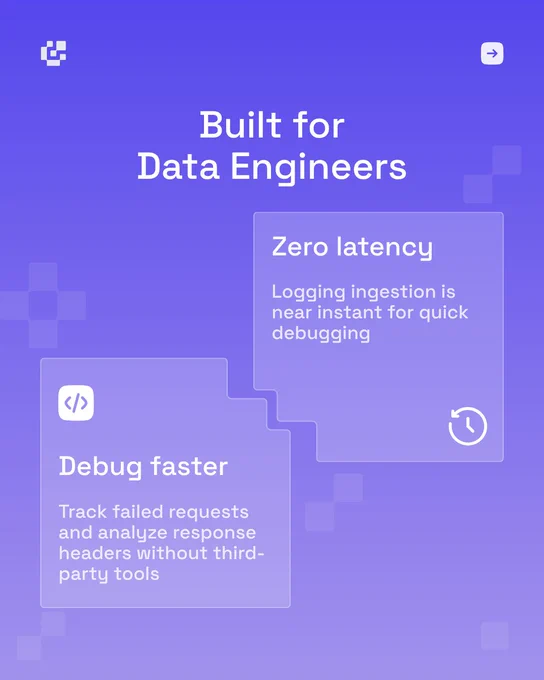 Slide for data engineers showing two benefits: debug faster by tracking failed requests and headers, and zero-latency logging for quick debugging.