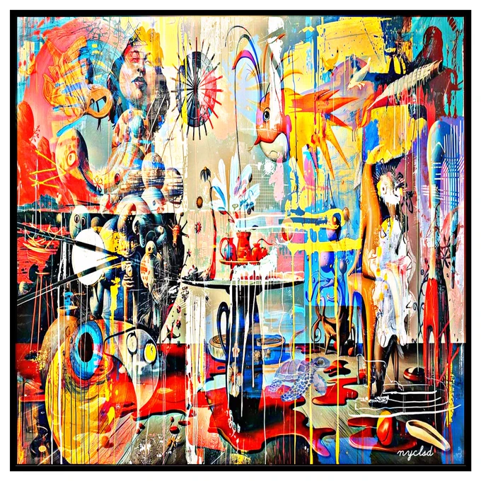Jaded Constellation is about a collision of longing, imagination, and unresolved possibility - all compressed into a single explosive dreamscape.

The artwork representing a vibrant chaos of symbols - splashes of red, bursts of yellow and blue, surreal faces, birds, clocks, and scattered objects that feel half-real, half-memory. Emotionally, radiating tension between creation and collapse.

“I held a universe inside me - a spark, a seed, a future with hands and laughter. I painted it in color, but the universe never opened.
Now the colors spill out of me - too bright, too loud, too full of what-ifs. I am the echo of something beautiful that never arrived.”

The whole canvas pulses with the ache of “almost.” Not grief in a quiet, muted way - but grief that’s loud, expressive, and chaotic. It’s the heartbreak of potential rather than the loss of something that actually existed. There is joy and pain coexisting - a bright palette carrying a heavy truth.