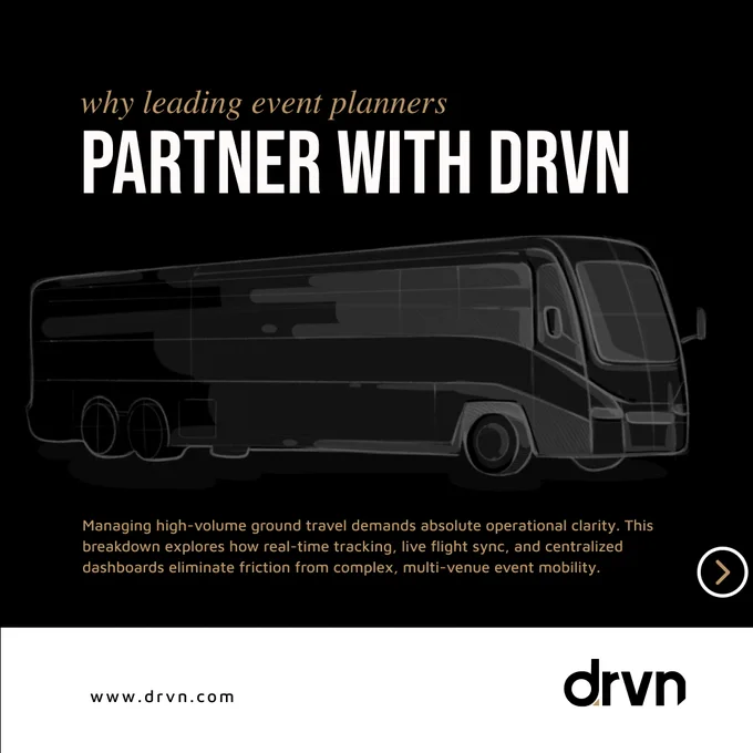 A promotional image highlighting why event planners partner with drvn for ground travel management. The visual features a stylized bus illustration and text emphasizing organization's operational clarity.