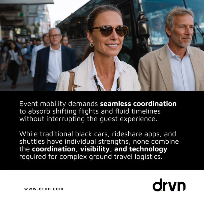 A woman in sunglasses smiles in front of a bus, representing seamless coordination in event mobility. The text overlay emphasizes the importance of coordination, visibility, and technology in travel logistics.