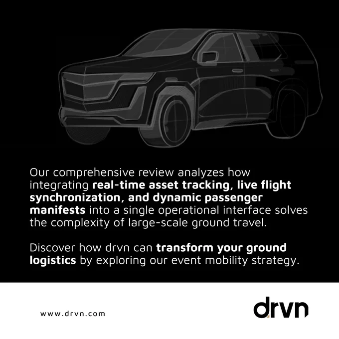 An informative graphic showcasing drvn's integration of real-time tracking and dynamic logistics solutions with a sleek vehicle illustration. The design highlights the company's strategy for large-scale ground travel.
