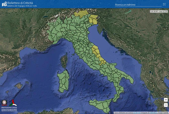 Bollettino di criticità e allerta, allerta gialla su Provincia Autonoma di Bolzano, Friuli Venezia Giulia e settori di Marche e Abruzzo.