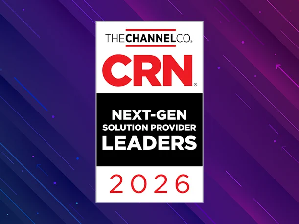 CRN.com's 2026 Next-Gen Solution Provider Leaders badge, a vertical rectangle that says, "The Channel Co: CRN Next-Gen Solution Provider Leaders 2026," set against a diagonal blue-to-purple-to-magenta gradient background covered by thin, diagonal light blue and pink arrows and dots.