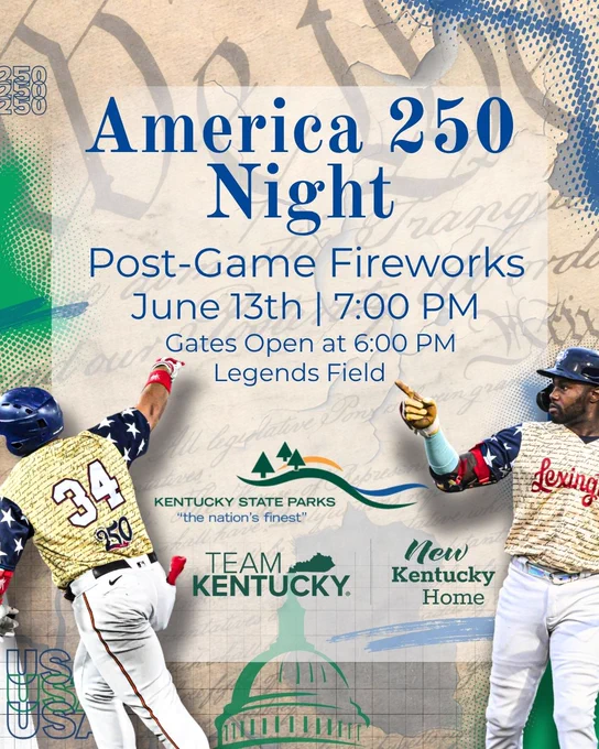 This image is a promotional flyer for "America 250 Night" featuring post-game fireworks on June 13th at 7:00 PM, with gates opening at 6:00 PM at Legends Field. It includes images of two baseball players in action, wearing Lexington Legends uniforms. The flyer is themed with patriotic elements and logos for Kentucky State Parks and Team Kentucky, along with the slogan "New Kentucky Home." The background has elements hinting at American history and heritage.