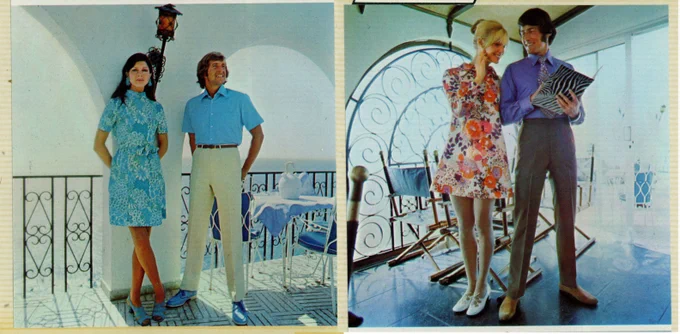 two photographs of models stood on a sunny terrace, the women wear brightly printed mini dresses, the men wear smart trousers and shirts.
