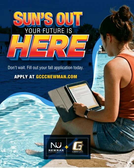 Young woman sitting by a pool reading on a tablet with text encouraging fall applications at GCC Newman.