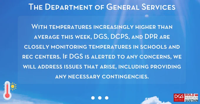 Department of General Services monitors rising temperatures in schools and rec centers, ready to address concerns with necessary contingencies.