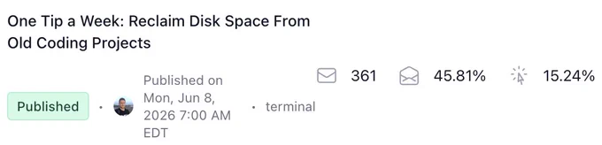 One Tip a Week: Reclaim Disk Space From Old Coding Projects
Published on Mon, Jun 8, 2026 7:00 AM EDT

Open Rate 45.81%
Click Through Rate 15.24%
