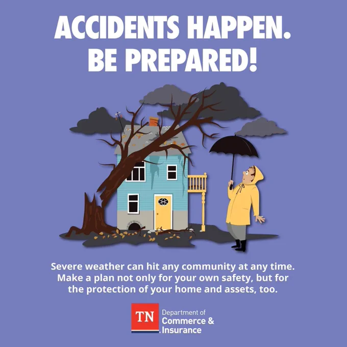 Tree on house with text: Accidents happen. Be prepared!