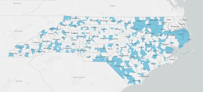 A map of North Carolina with 2026 census tracts eligible for Opportunity Zone nomination highlighted.
