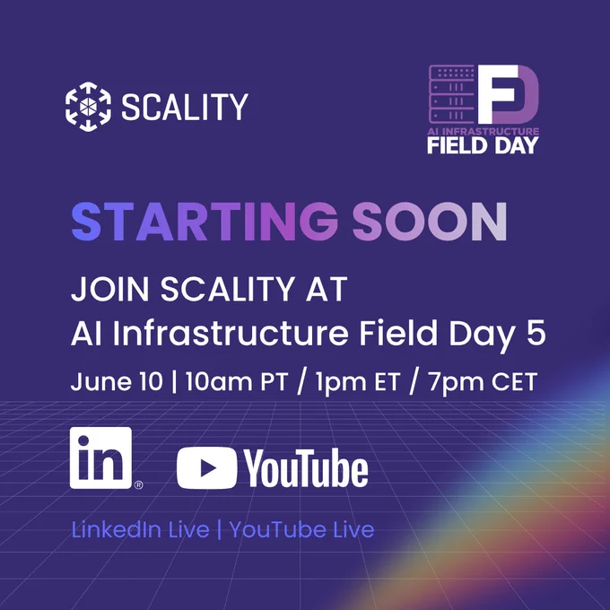 Promotional graphic for Scality's participation in AI Infrastructure Field Day 5. The image features a purple background with the Scality logo in the upper left and the AI Infrastructure Field Day logo in the upper right. Large text reads “STARTING SOON,” followed by “Join Scality at AI Infrastructure Field Day 5.” Event details are listed as “June 10 | 10am PT / 1pm ET / 7pm CET.” LinkedIn Live and YouTube Live logos appear near the bottom, with text indicating the event will be streamed on both platforms. The design includes a futuristic grid floor and a rainbow light effect in the lower-right corner.