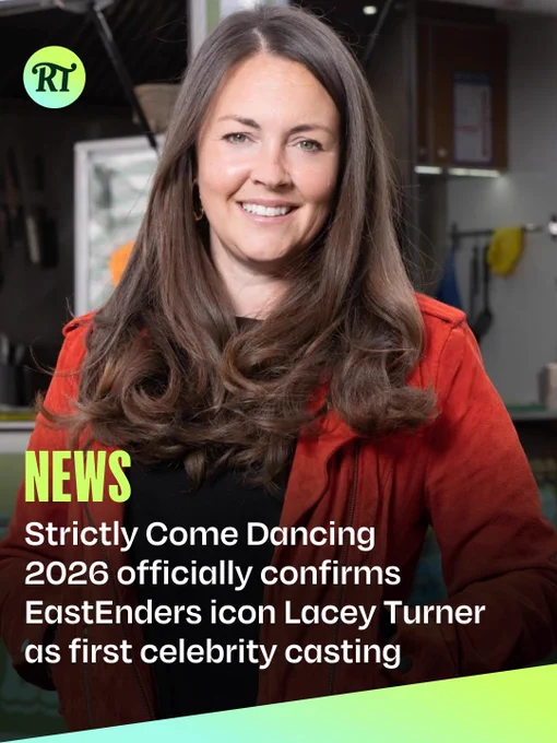 Lacey Turner wears a long red coat and smiles at the camera with long brown hair. A Radio Times headline below reads: "Strictly Come Dancing 2026 officially confirms EastEnders icon Lacey Turner as first celebrity casting"