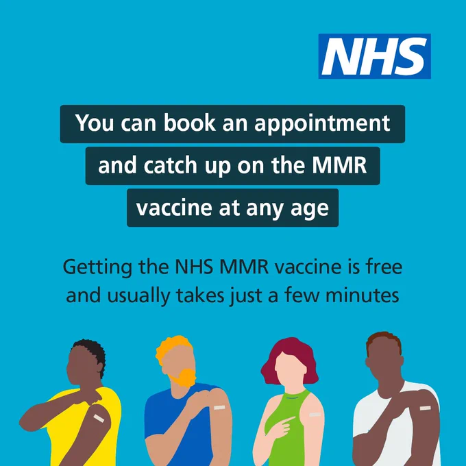 A graphic with illustrated individuals showing bandages on their arms. Text on the image reads: "You can book an appointment and catch up on the MMR vaccine at any age. Getting the NHS MMR vaccine is free and usually takes just a few minutes."