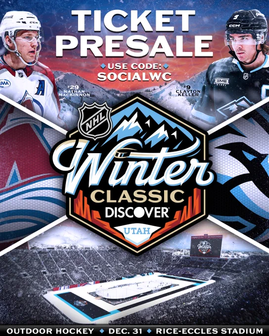 Photos of Nathan MacKinnon in an Avalanche uniform, Clayton Keller in a Mammoth uniform, the two team logos, and Rice-Eccles Stadium overlaid with the Winter Classic logo and white text that reads: \"Ticket Presale; Use Code: SocialWC; Outdoor Hockey; Dec. 31; Rice-Eccles Stadium\"