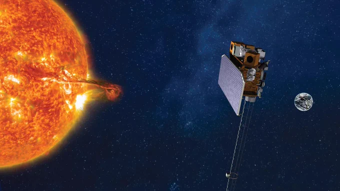 Visualization of SOLAR-1 in space with the sun and Earth in the background.