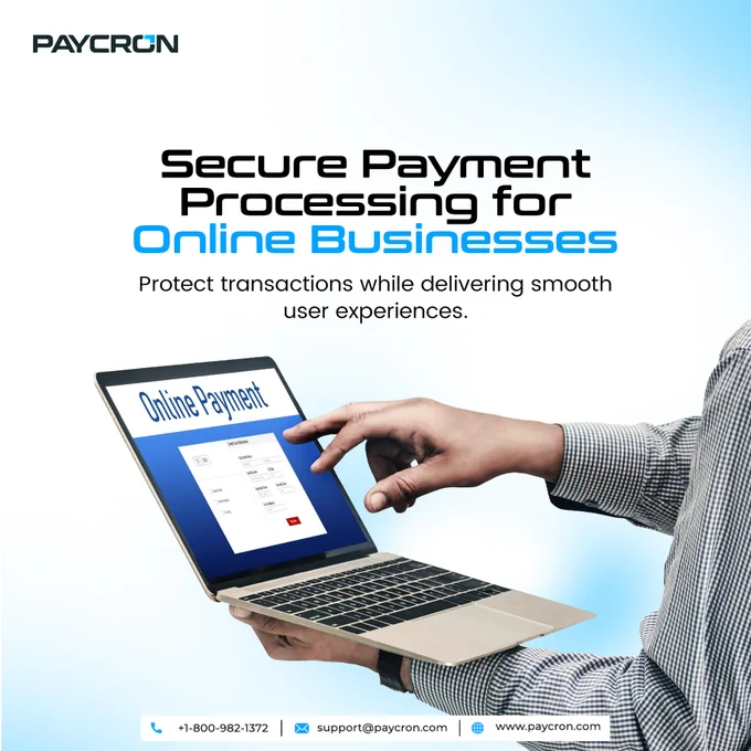 Paycron secure payment processing solution for online businesses, showing a user making a safe online payment on a laptop interface.
