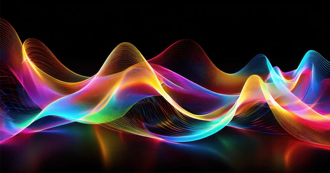 Vibrant multicolored waves of light flowing smoothly against a black background, creating a dynamic and fluid abstract pattern.