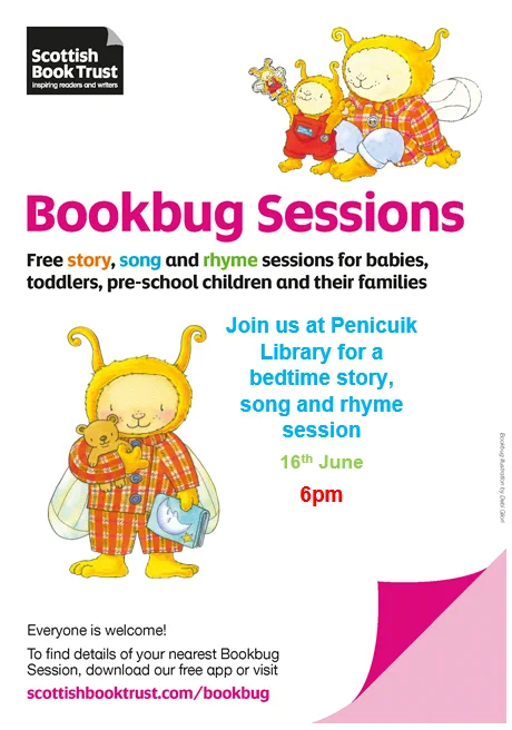 Illustration of Bookbug characters promoting free story, song, and rhyme sessions for young children and families at Penicuik Library on June 16th at 6pm.