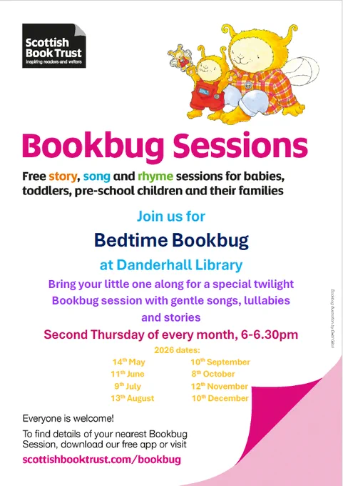 Illustration of two cute Bookbug characters promoting free story, song, and rhyme sessions for young children and families at Danderhall Library.