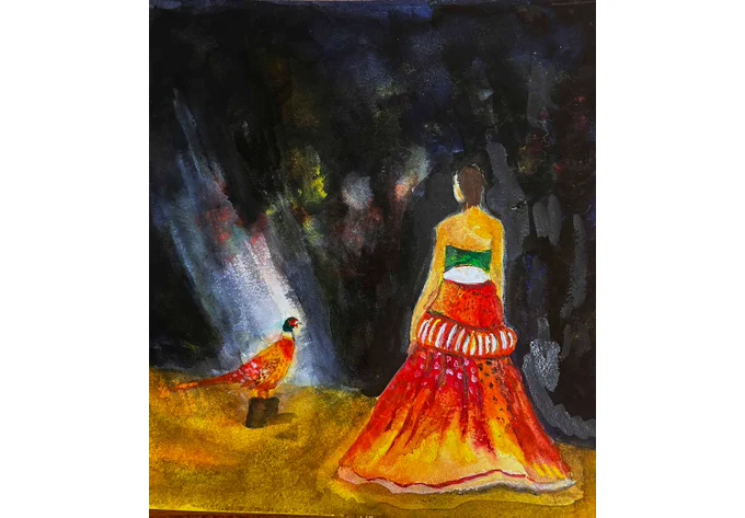A person wearing a vibrant red and orange gown stands in a dark, abstract setting, with a pheasant nearby. Light shines from the left, casting a soft glow.