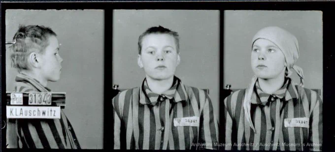 A mugshot registration photograph from Auschwitz. A woman wearing a striped uniform photographed in three positions (profile and front with a bare head and a photo with a slightly turned head with a headscarf on). The prisoner number is visible on a marking board on the left.
