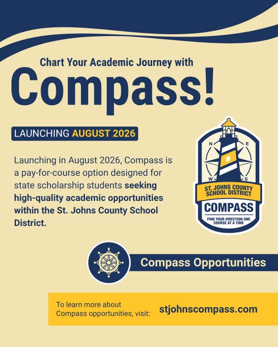 Announcement for Compass launching in August 2026, a pay-for-course option for state scholarship students in St. Johns County School District.