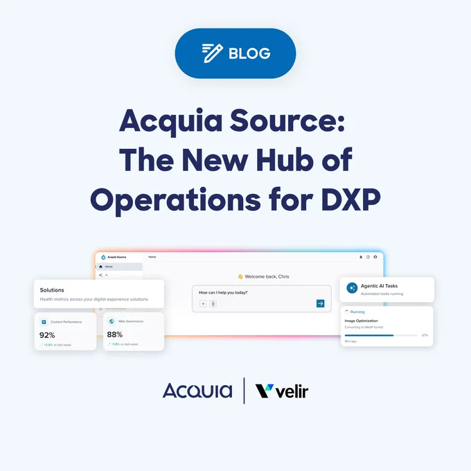 Dashboard interface showing Acquia Source as a central operations hub for digital experience platforms with performance metrics and AI task status.