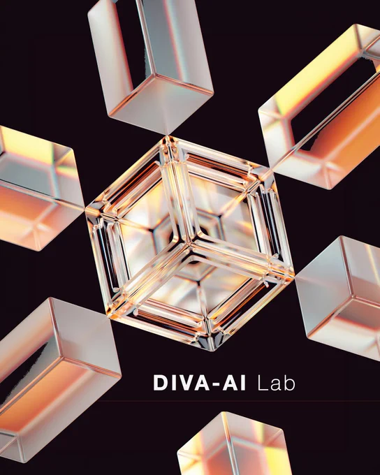 Abstract poster featuring transparent glass cubes floating against a black background, with a large hollow glass cube in the center and white text near the bottom reading “DIVA-AI Lab,” separated by a thin copper line.