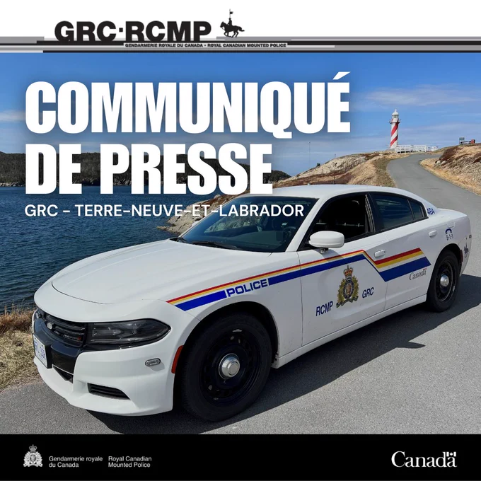 Photo d’un véhicule de la GRC sur une route, près d’un grand plan d’eau. Un phare figure en arrière-plan.
Les mots « COMMUNIQUÉ DE PRESSE » et « GRC – TERRE-NEUVE-ET-LABRADOR » figurent sur l’image. 