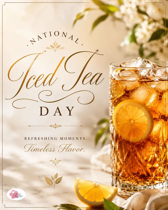 Elegant National Iced Tea Day promotional graphic featuring a crystal-cut glass filled with amber-colored iced tea, ice cubes, and a lemon slice. The image includes sophisticated gold script typography reading "National Iced Tea Day" with the tagline "Refreshing Moments. Timeless Flavor." Soft floral accents, warm sunlight, and a marble surface create a refined, upscale aesthetic. Simply Chef Renée logo appears in the lower-left corner.