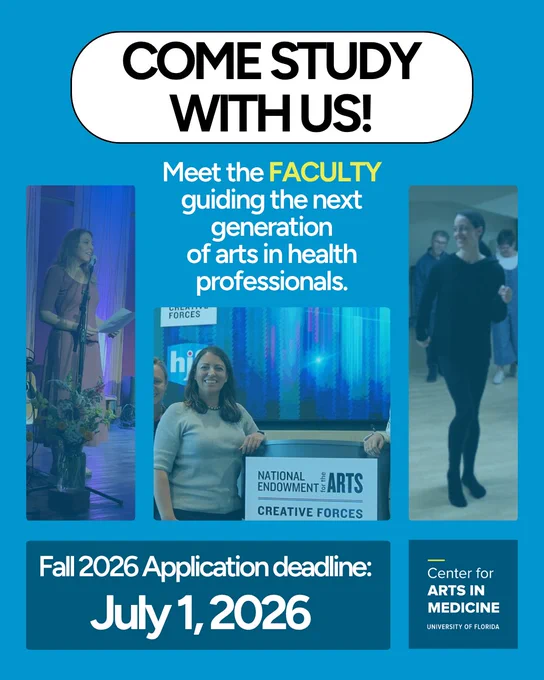 Invitation to join a faculty dedicated to training future arts in health professionals with a July 1, 2026 application deadline.