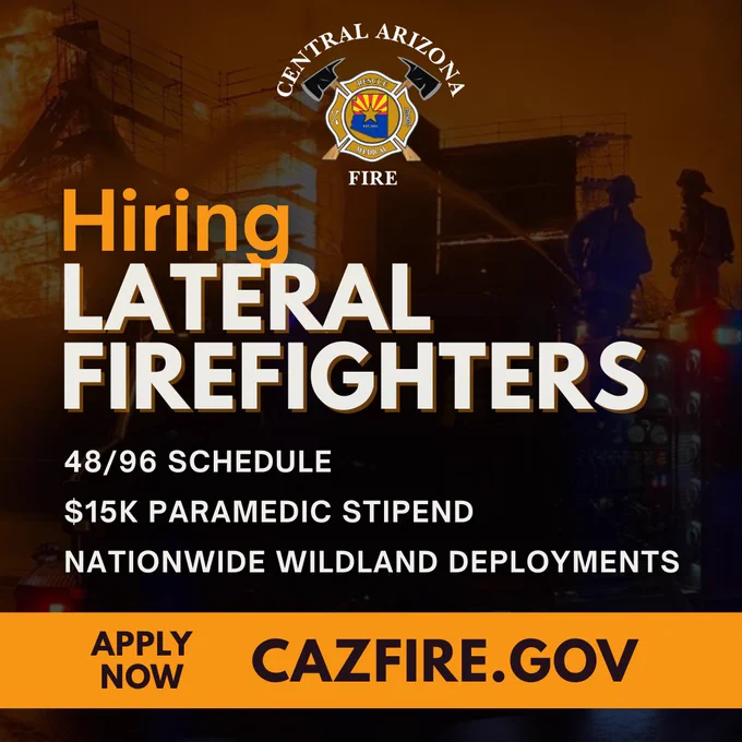 CAFMA lateral hiring graphic. Background photo is a large commercial fire. Text reads, Hiring Lateral Firefighters. 48-96 schedule. 15K Paramedic stipend. Nationwide wildland deployments. Apply now cazfire.gov. CAFMA logo.